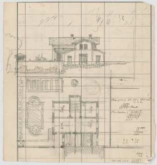 Thiersch, August ; München, Georgenstr.; Privathaus, Projekt - Grundriss, Ansicht