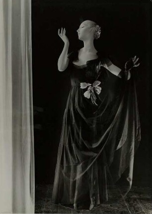 Abendkleid aus schwarzem Tüll mit Streifen aus plissiertem Tüll und Blumenbouquet