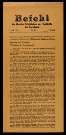 Befehl des Obersten Befehlshabers der Streitkräfte der Sowjetunion 1. Mai 1945 Nr. 20 Moskau