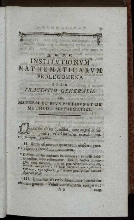 Institutionum mathematicarum prolegomena sive tractatio generalis.