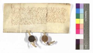 Ulrich von Hohenlohe bekennt gegenüber Zürch von Stetten eine Schuld von 100 Gulden; Siegel: Ulrich von Hohenlohe und Johann von Stetten (Fisch).