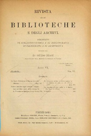 Rivista delle biblioteche e degli archivi : periodico di biblioteconomia e de bibliografia, di paleografia e di archivistica. 6. 1895