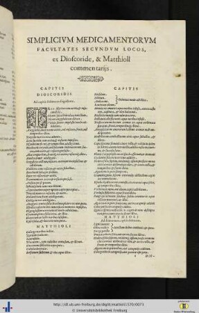 Simplicium medicamentorum, facultates secundum locos, ex Dioscoride, et Mathioli commentariis.