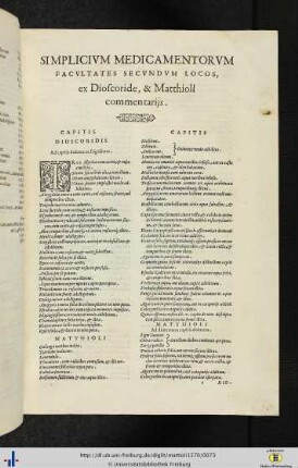 Simplicium medicamentorum, facultates secundum locos, ex Dioscoride, et Mathioli commentariis.