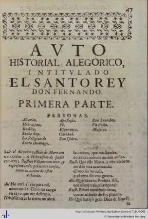 Auto Historial Alegorico de el Santo Rey Don Fernando, primera parte.