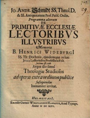 Programma alterum De Primitivae Ecclesiae Lectoribvs Illvstribvs