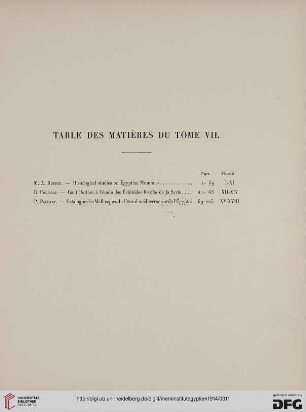 Table des matières du tome VII