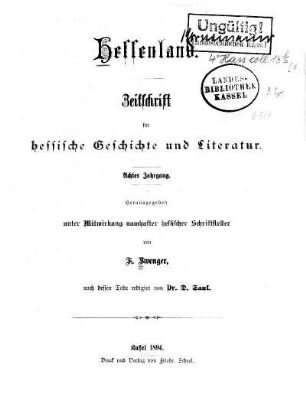 8.1894: Hessenland : Zeitschrift für hessische Geschichte und Literatur