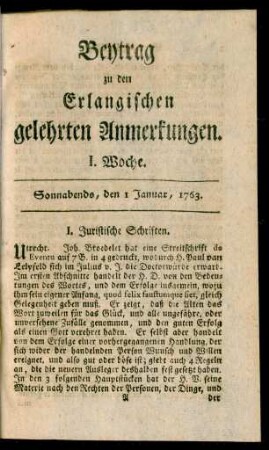 I. Woche (1. Januar 1763)-LIII. Woche (31. December 1763): Beytrag zu den Erlangischen gelehrten Anmerkungen
