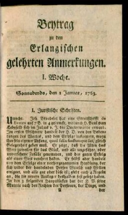 I. Woche (1. Januar 1763)-LIII. Woche (31. December 1763): Beytrag zu den Erlangischen gelehrten Anmerkungen