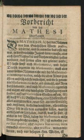Vorbericht von der Mathesi überhaupt.