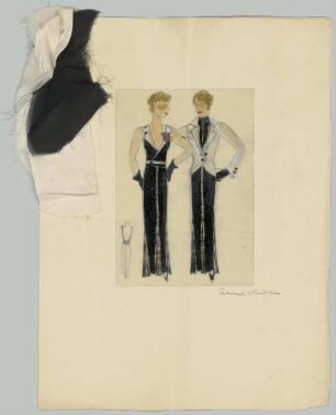 Zwei Figurinen und eine Detailansicht: Ein bodenlanges Kleid mit zugehöriger Jacke, mit Materialproben (Archivtitel)