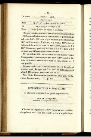 Démonstration élémentaires de plusieurs proprietés de la spirale logarithmique.