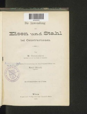 Die Anwendung von Eisen und Stahl bei Constructionen