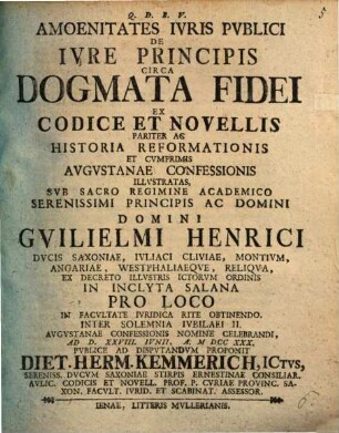 Amoenitates Ivris Pvblici De Ivre Principis Circa Dogmata Fidei Ex Codice Et Novellis Pariter Ac Historia Reformationis Et Cvmprimis Avgvstanae Confessionis Illvstratas
