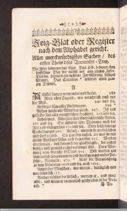 Zeig-Blat oder Register nach dem Alphabet gericht. Aller merck-würdigsten Sachen des ersten Theils dises Vernunfts-Trutz.