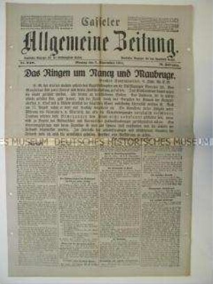 Regionale Tageszeitung "Casseler Allgemeine Zeitung" zum Kriegsgeschehen in Frankreich, Kampf um Nancy und Maubeuge