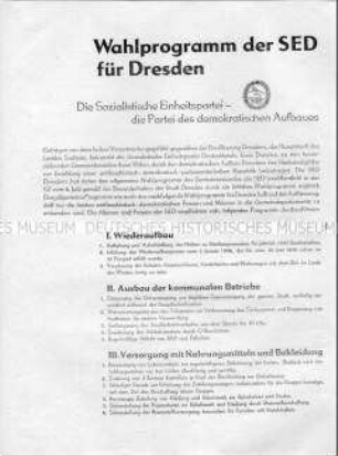Propagandaflugblatt der SED Dresden mit dem Wahlprogramm für die Gemeindewahl 1946