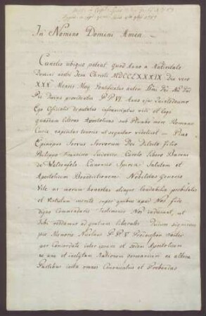 Litterae executoriales apostolicae des Philipp Franz Ludwig Karl von Waldenfels.
