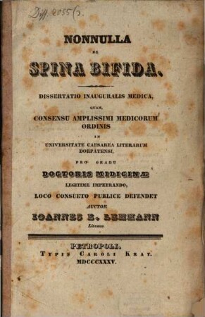 Nonnulla de spina bifida : Diss. inaug. med.