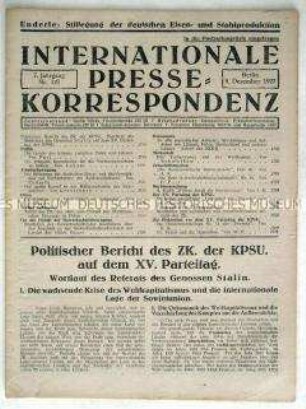 Bulletin der internationalen kommunistischen Presse u.a. zum XV. Parteitag der KPdSU