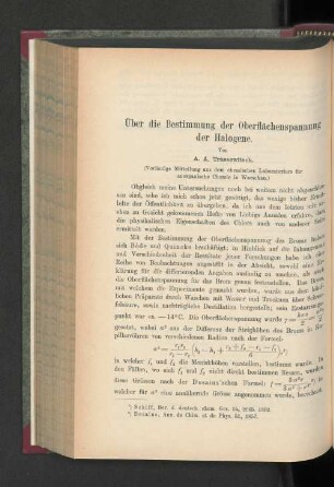 Über die Bestimmung der Oberflächenspannung der Halogene.