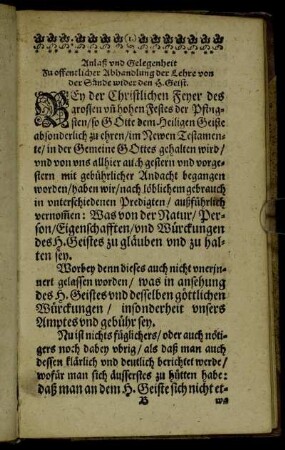 Anlaß und Gelegenheit zu offentlicher Abhandlung der Lehre von der Sünde wider den H. Geist