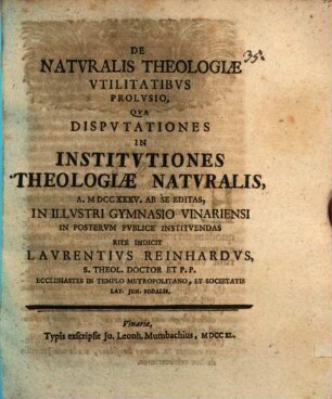 De naturalis theologiae utilitatibus prolusio