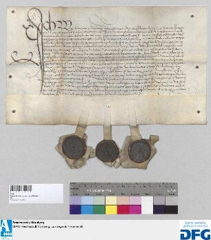 Wilhelm Haller, Bürger zu Nürnberg, gestattet Marquart Mendel, Ursula, dessen Ehefrau, und Karl Haller, als Vollstrecker des letzten Willens seines Vaters Wilhelm Hallers des Älteren, den ihm (dem Sohn) als Pfleger der St. Wolfgangskirche zu Hausen bei Forchheim um 400 Gulden verkauften jährlichen Gattenzins von 16 Gulden Rh. um die gleiche Summe jederzeit wieder abzulösen und bestätigt ihnen gleichzeitig den Empfang aller von seinem Vater in gleicher Pflegereigenschaft innegehabten und in die Hände seiner Testamentsvollstrecker gekommenen Briefe, Gelder etc. - Siegler: der Aussteller Sebalt Schreyer und Sebalt von Lochheim, Bürger und Genannte zu Nürnberg.