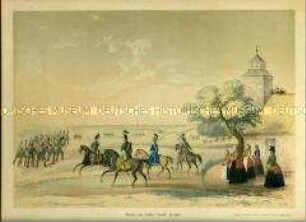 Uniformdarstellung, Abschiedsszene nach Rekognoszierung, Infanterie-Bataillon Sachsen-Meiningen, Artillerie Hessen-Darmstadt, Hanseatische Kavallerie, Mädchen und Frauen mit Blumen, Marketenderin, 1849.