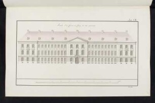 Kloster, idealtypischer Entwurf, Hauptfassade, Aufriss : Kloster, idealtypischer Entwurf, Aufriss der Hauptfassade, Johann Christian Götzschel, um 1794. Feder, Pinsel in Wasserfarbe/Papier. 41,6 x 26,1 cm. Bez.: "Facade d' un Convent, ou College du cote principale" und "Tab. LX." und "Götschel." Maßstab mit Maßeinheit "Ellen" (90 Ellen=21,2 cm).