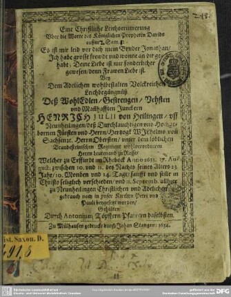 Eine christliche Leichserinnerung bey Leichbegängnüß deß ... Hnr. Jul. v. Heilingen ...