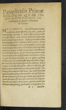Paraphrasis Primae Eclogae Quae Inscribitur Tityrus ...