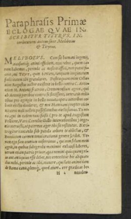 Paraphrasis Primae Eclogae Quae Inscribitur Tityrus ...