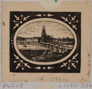 Stadtansicht von Dresden, Blick aus der Neustadt über die Augustusbrücke nach Süden auf die Altstadt mit Schlossplatz, Katholischer Hofkirche (Kathedrale) und Theaterplatz