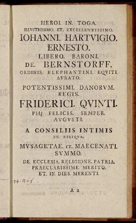Heroi. in. Toga. Illustrissimo et. Excellentissimo. Iohanni. Hartvigio. Ernesto.