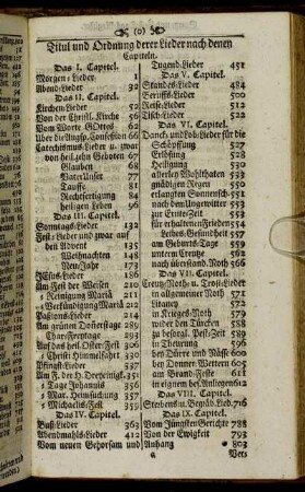 Titul und Ordnung derer Lieder nach denen Capiteln.