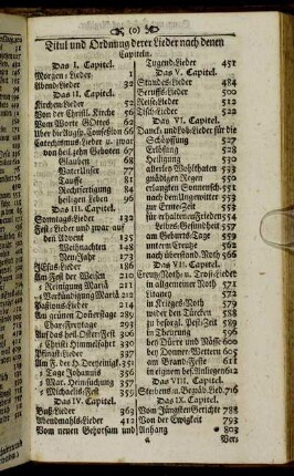 Titul und Ordnung derer Lieder nach denen Capiteln.