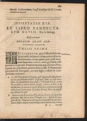 Disputatio XIX. Ex Libro Pandectarum XXVIII. Tit. I. & seqq.