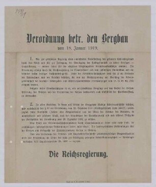"Verordnung betr. den Bergbau vom 18. Januar 1919."