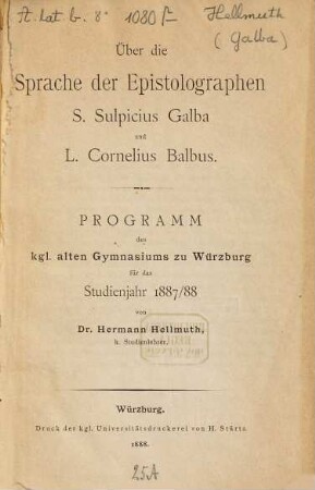 Über die Sprache der Epistolographen S. Sulpicius Galba und L. Cornelius Balbus