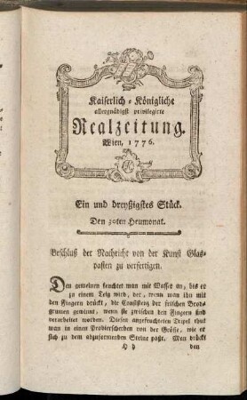 Ein und dreyßigstes Stück. Den 30ten Heumonat. Wien, 1776.