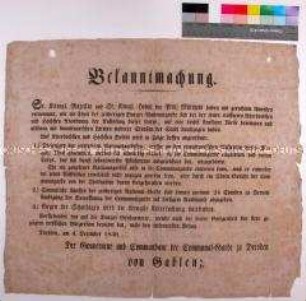Bekanntmachung des Gouverneurs von Dresden von Gablenz betreffend Tumulte in der Bürgernationalgarde