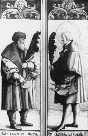 Berlin, Der heilige Crispinus (Crispinianus), zwei Altarflügel mit den Schutzheiligen der Schuhmacher. Staatliche Museen zu Berlin - Preußischer Kulturbesitz, Gemäldegalerie, Nr.: 619B. Meister von Meßkirch