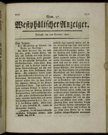 Num. 97. Westphälischer Anzeiger. Freitags, den 5ten December 1800. - Num. 101. Westphälischer Anzeiger. Freitags, den 19ten December 1800.