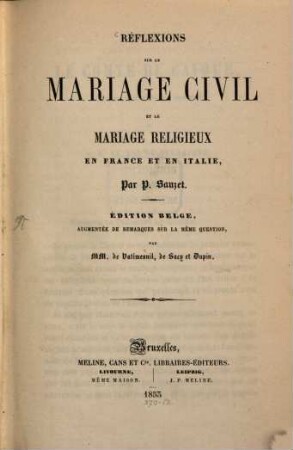 Reflexions sur le mariage civil et le mariage religieux en France et en Italie