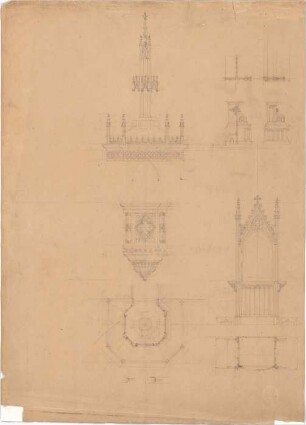 Voit, August von; Kirche - Kanzel (Grundriss, Ansicht); Chorstühle (Ansicht, Schnitt); Beichtstuhl (Grundriss, Ansicht)
