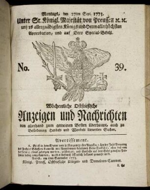No. 39. Montags, den 27ten Sept. 1773.