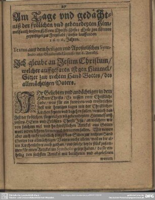 Christliche Predigt, Von der Himmelfarth Christi