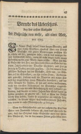 Vorrede des Uebersetzers. bey der ersten Ausgabe der Gespräche von mehr, als einer Welt, von 1725.